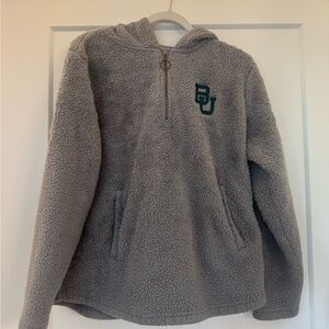 Gray Sherpa Fleece Hoodie Pullover Half Zip Baylor BU Logo Women’s